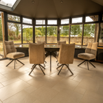 Lorenzo 6 Seat Dining Set with ceramic high gloss table top & pocket sprung auto swivel dining chairs