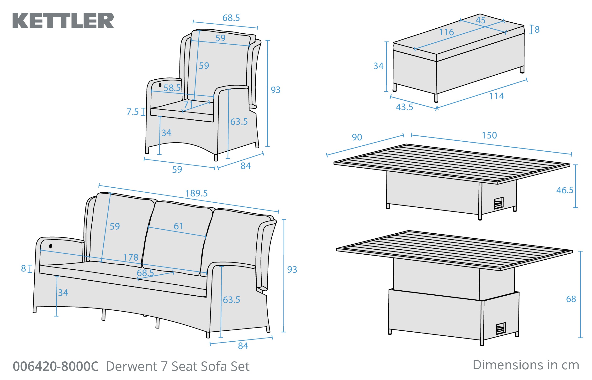 ST-310 & LDESIGN WORKSゴトク＆ZEN camps Derwent 7 Seat Sofa Set and 150x90cm High/Low Table – Kettler GB