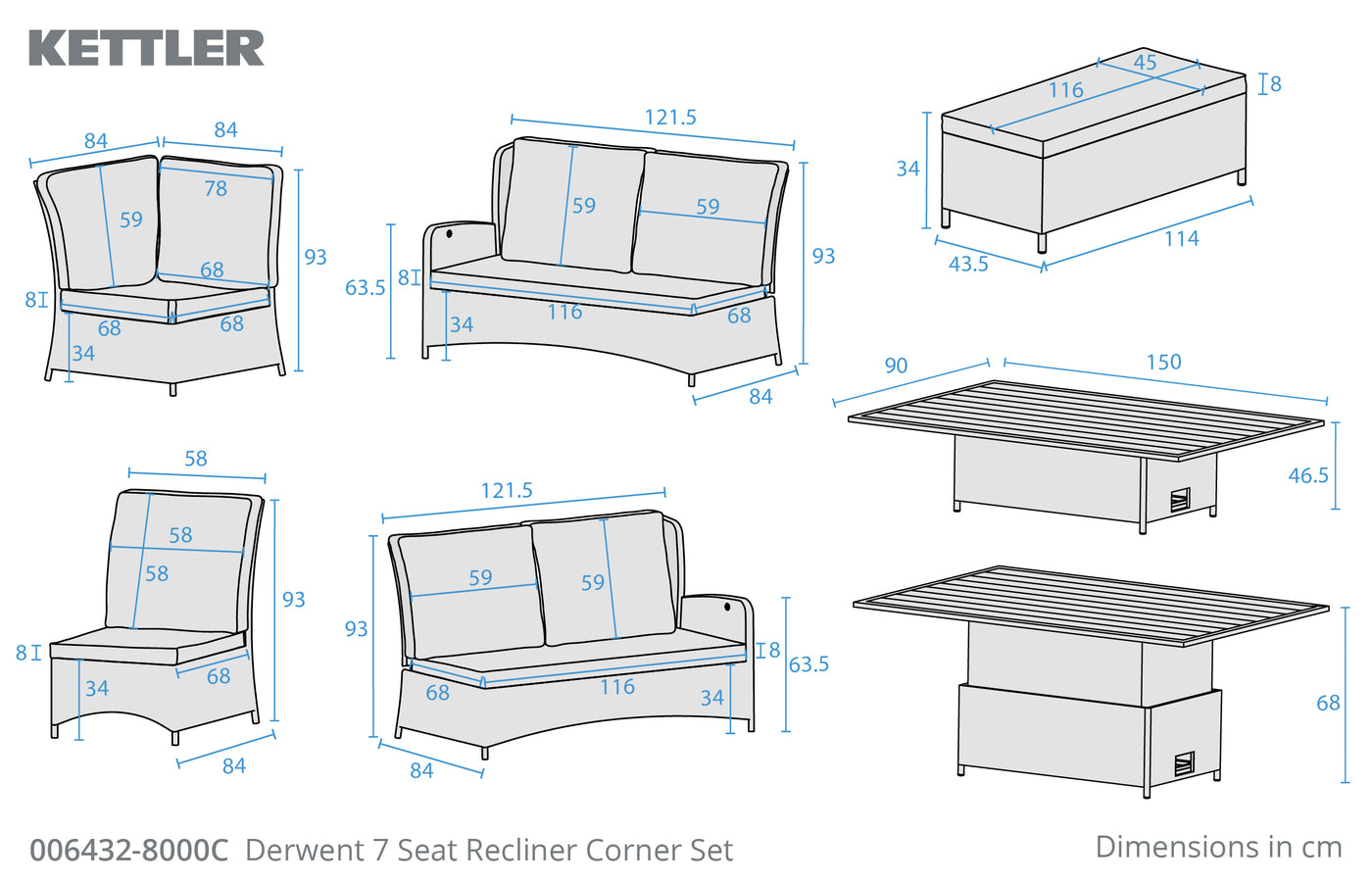 Derwent 7 seat recliner right hand corner set with 150x90cm high/low table