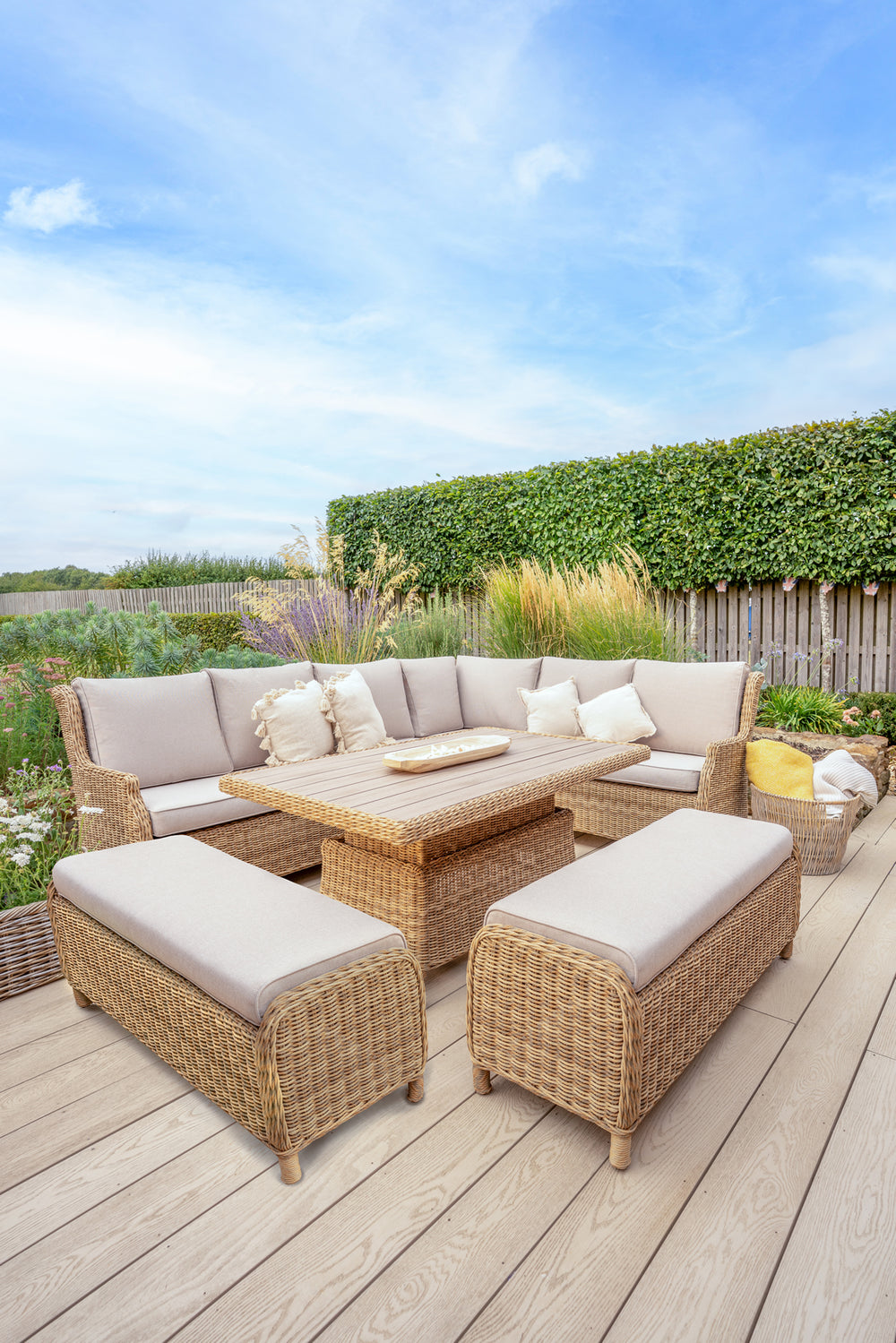 Hazel Wicker Corner Set with 150x90cm Rectangular High/Low Table