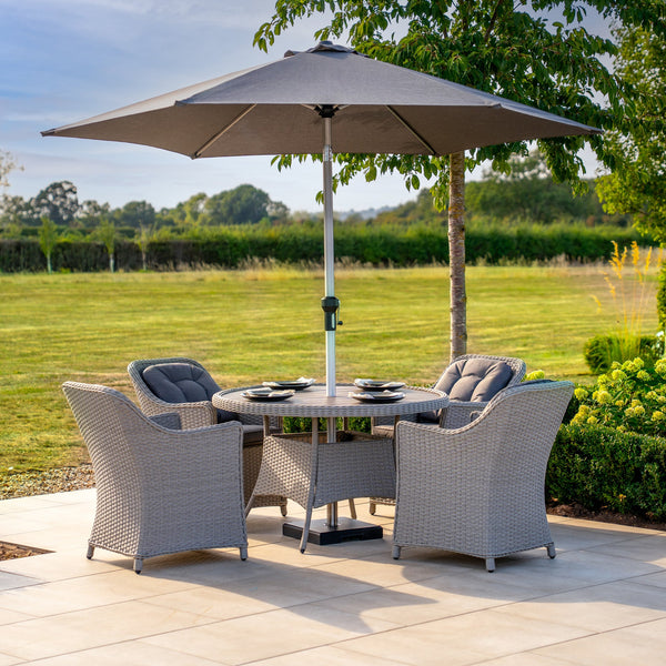 Foxley 4 Seat Dining Set with 120cm Round Table including Parasol and Base