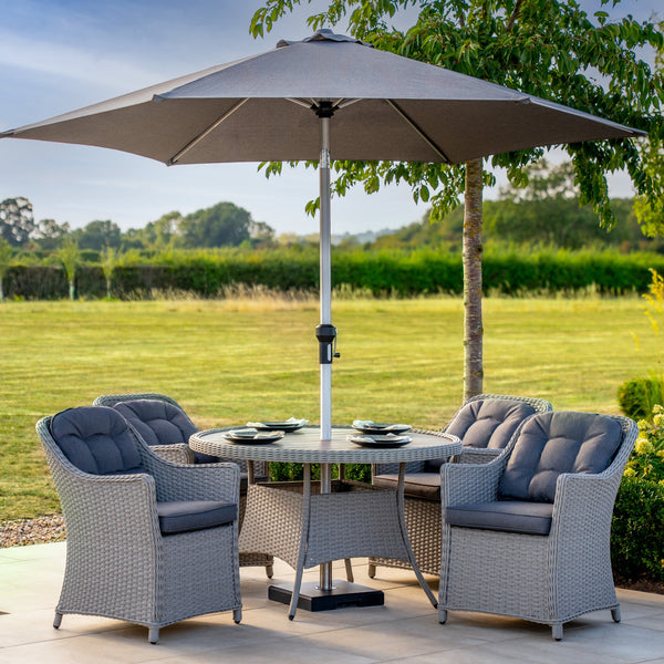 Foxley 4 Seat Dining Set with 120cm Round Table including Parasol and Base