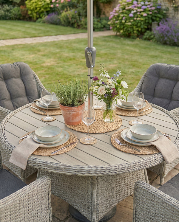 Foxley 4 Seat Dining Set with 120cm Round Table including Parasol and Base