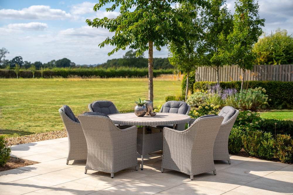 Foxley 6 Seat Dining Set with 140cm Round Table including parasol and base