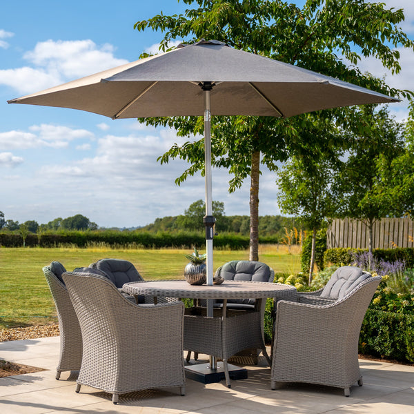 Foxley 6 Seat Dining Set with 140cm Round Table including parasol and base