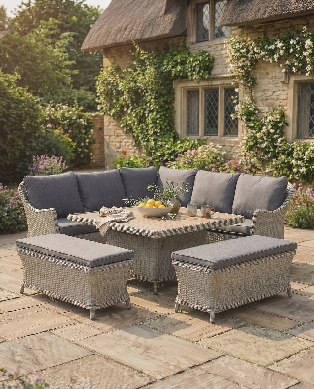 Foxley Square Wicker Corner Set with 120x120cm High/Low Table