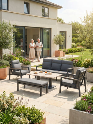 Tudor 5 Seat Sofa Set with Lounge Armchairs & High/Low Table