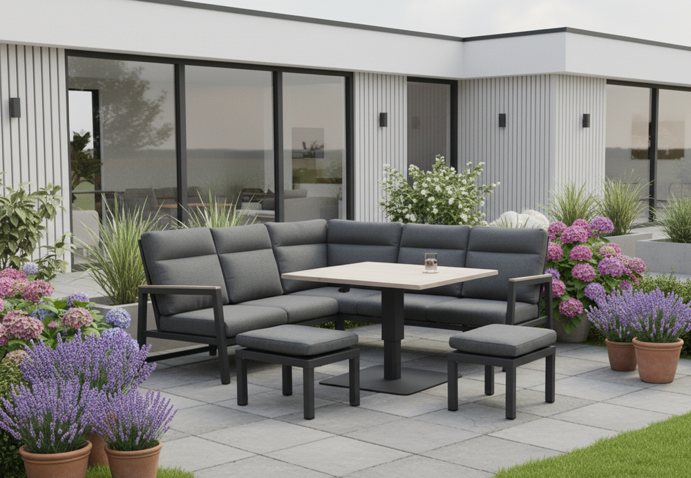 Tudor Mini Corner Set with 2 Footstools and Square High/Low Table