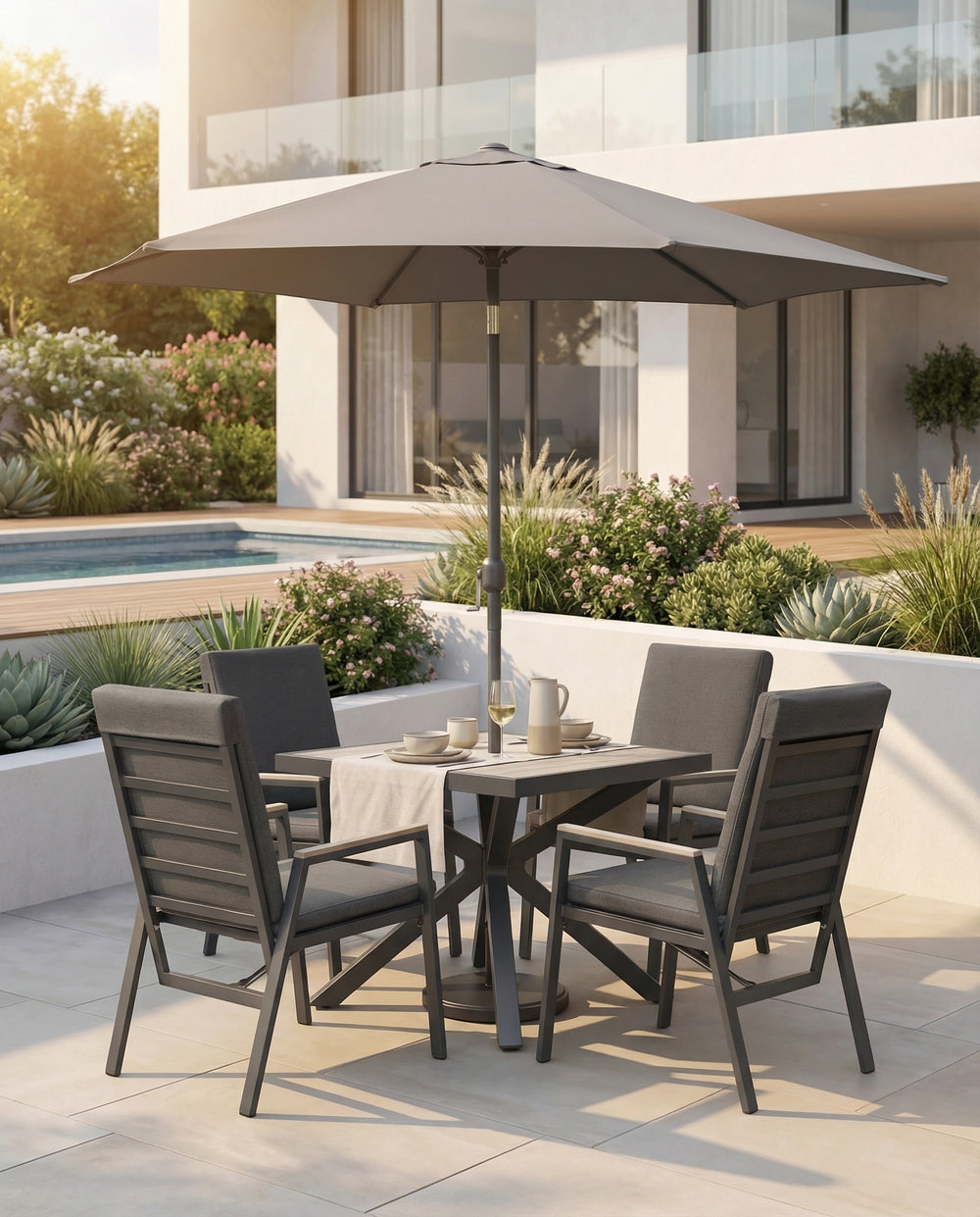 Tudor 4 Seat Reclining Dining Set With Parasol & Base