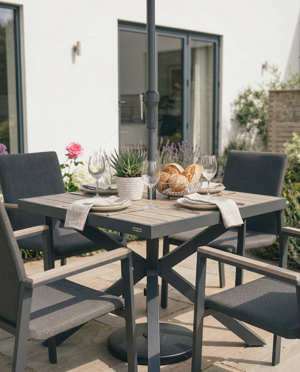 Tudor 4 Seat Dining Set with Parasol & Base