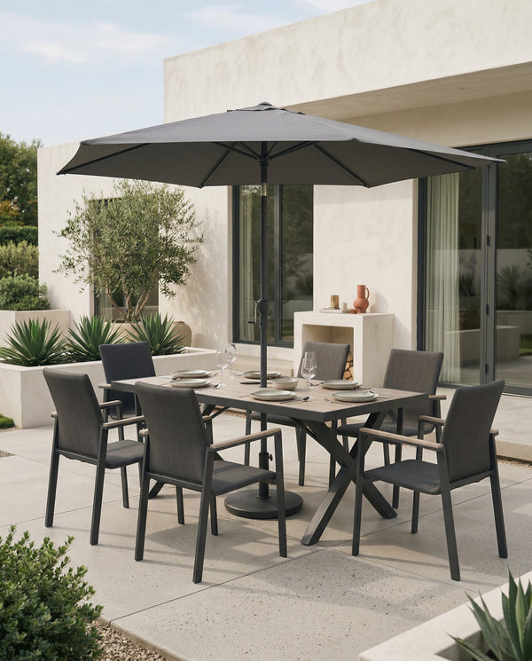 Tudor 6 Seat Dining Set with Parasol & Base