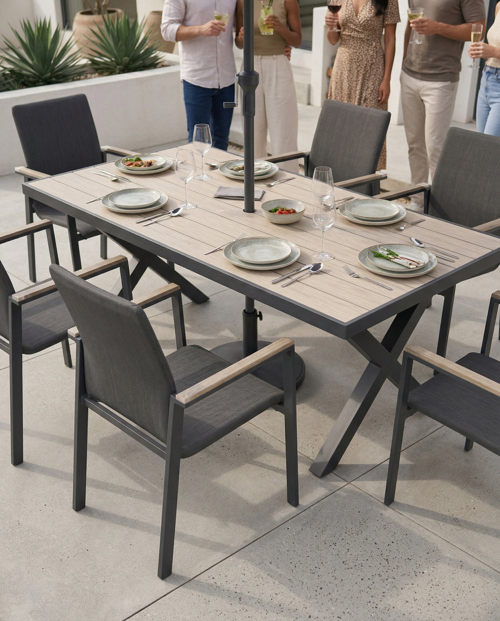 Tudor 6 Seat Dining Set with Parasol & Base