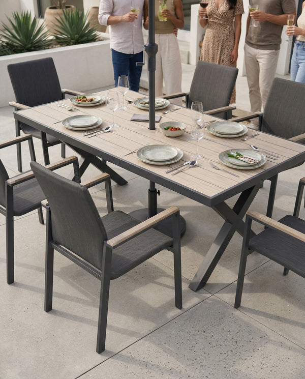 Tudor 6 Seat Dining Set with Parasol & Base