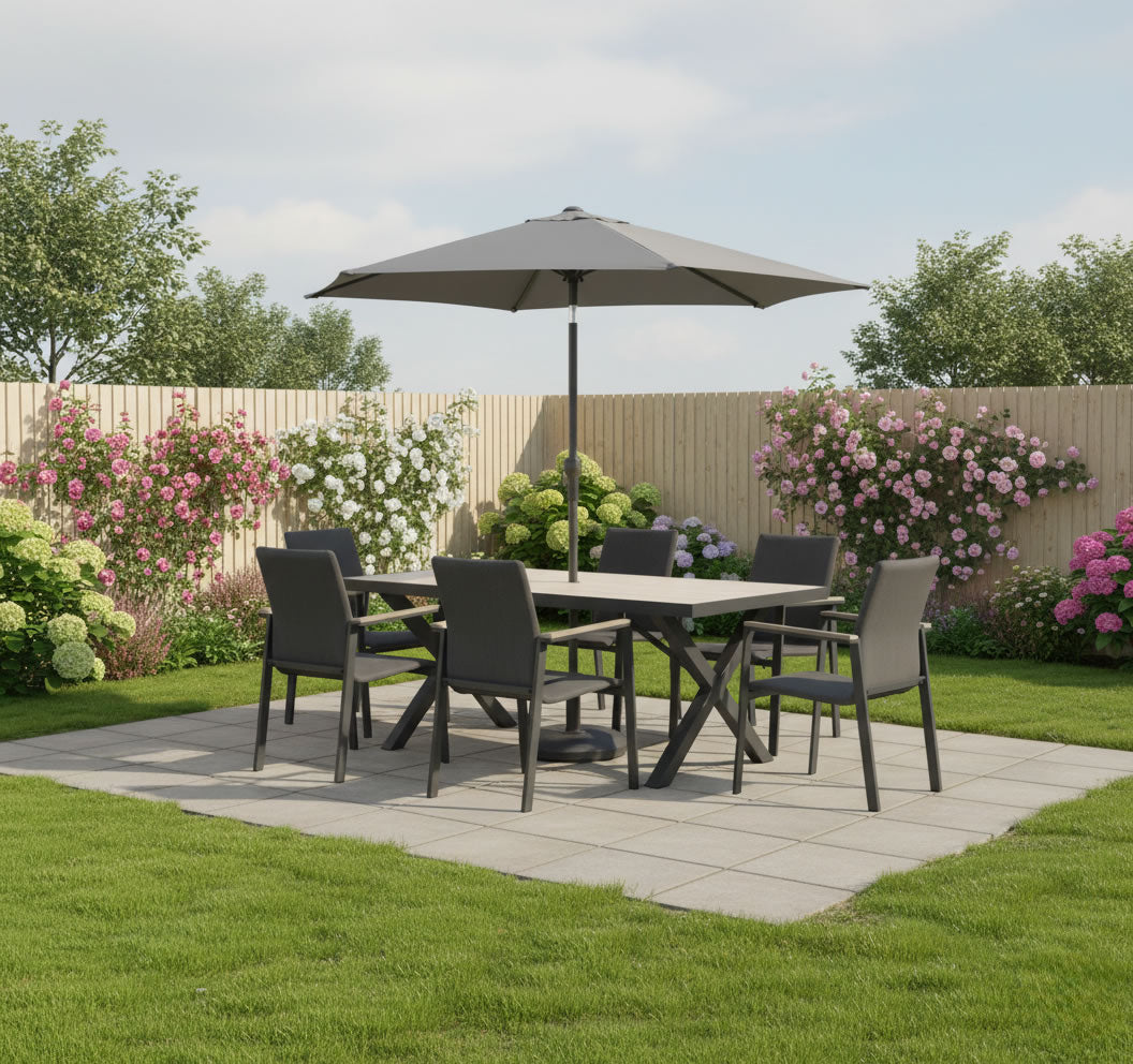 Tudor 6 Seat Dining Set with Parasol & Base