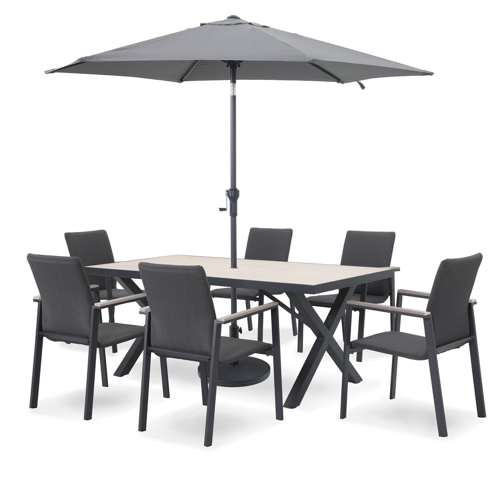 Tudor 6 Seat Dining Set with Parasol & Base