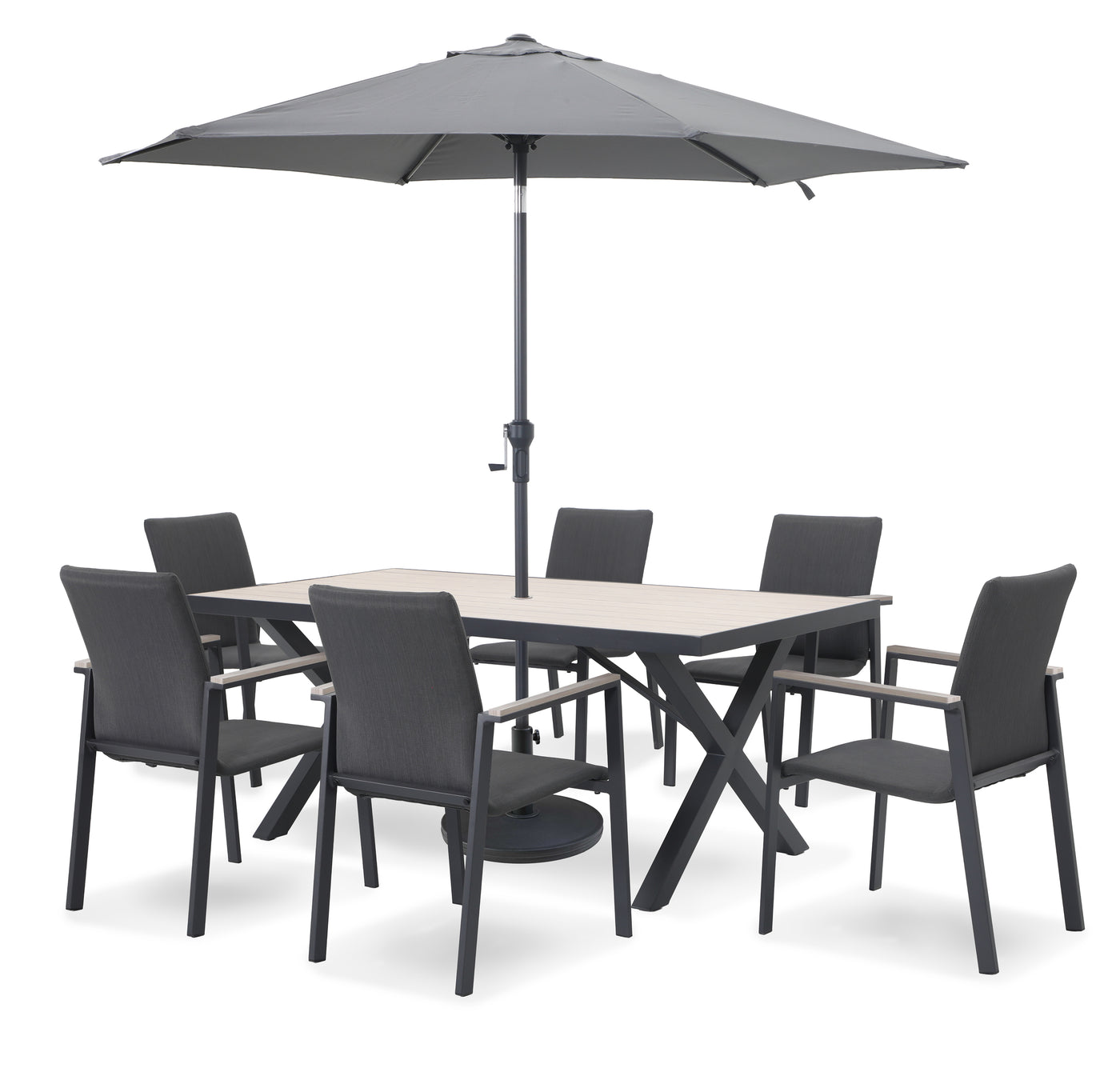 Tudor 6 Seat Dining Set with Parasol & Base