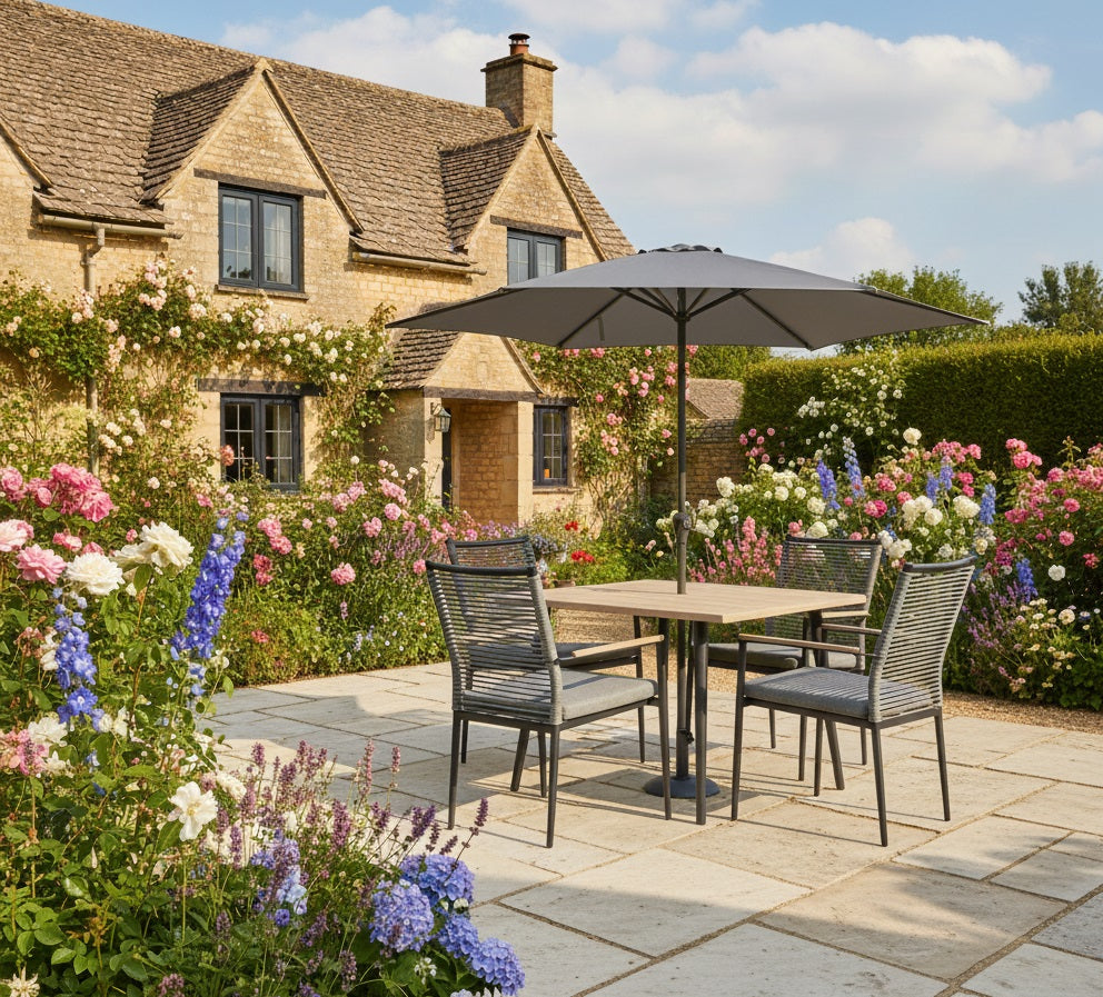 Merano Aluminium 4 Seat Dining Set Include Parasol & Base