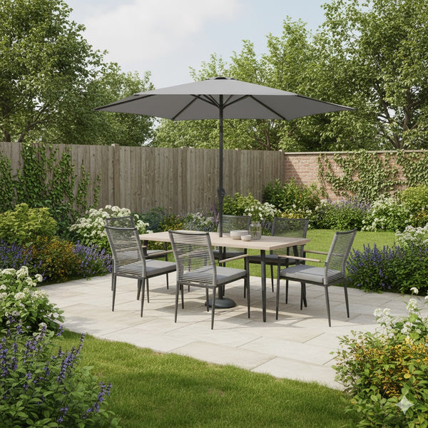 Merano 6 Seat Dining Set with 170x90cm Table Includes Parasol & Base