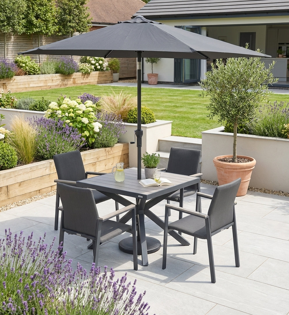 Tudor 4 Seat Dining Set with Parasol & Base