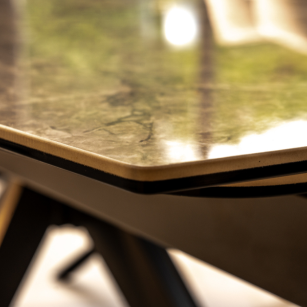 Lorenzo 6 Seat Dining Set with ceramic high gloss table top & pocket sprung auto swivel dining chairs