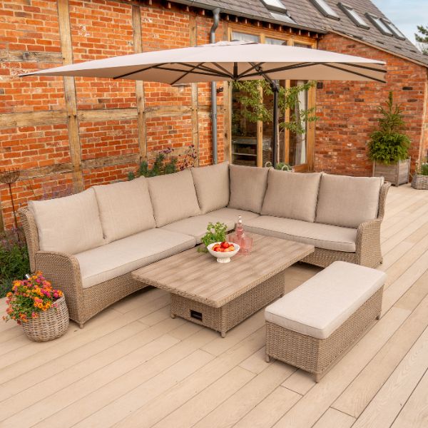 Derwent 7 seat recliner right hand corner set with 150x90cm high/low table