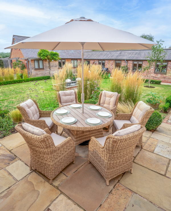 Hazel Wicker 6 Seat Dining Set with Round Table Includes Parasol & Base