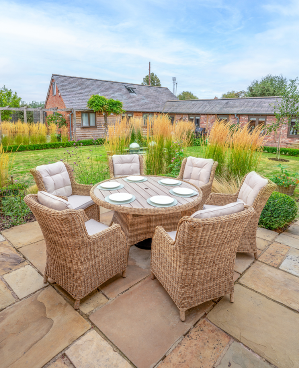 Hazel Wicker 6 Seat Dining Set with Round Table Includes Parasol & Base