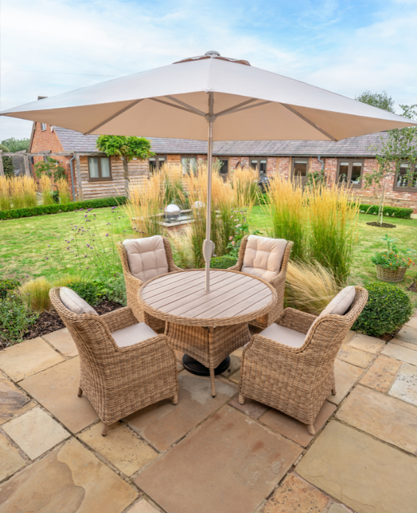 Hazel 4 Seat Wicker Dining Set with Round Table Includes Parasol & Base