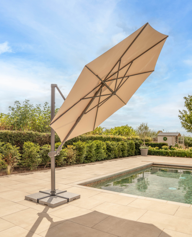 best cantilever patio umbrella uk Orion 3m Round LED Cantilever Parasol with Granite Base & Night Cover