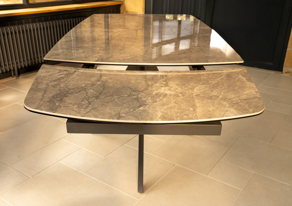 Lorenzo 6 Seat Dining Set with ceramic high gloss table top & pocket sprung auto swivel dining chairs