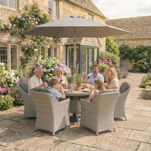 Foxley 6 Seat Dining Set with 140cm Round Table including parasol and base