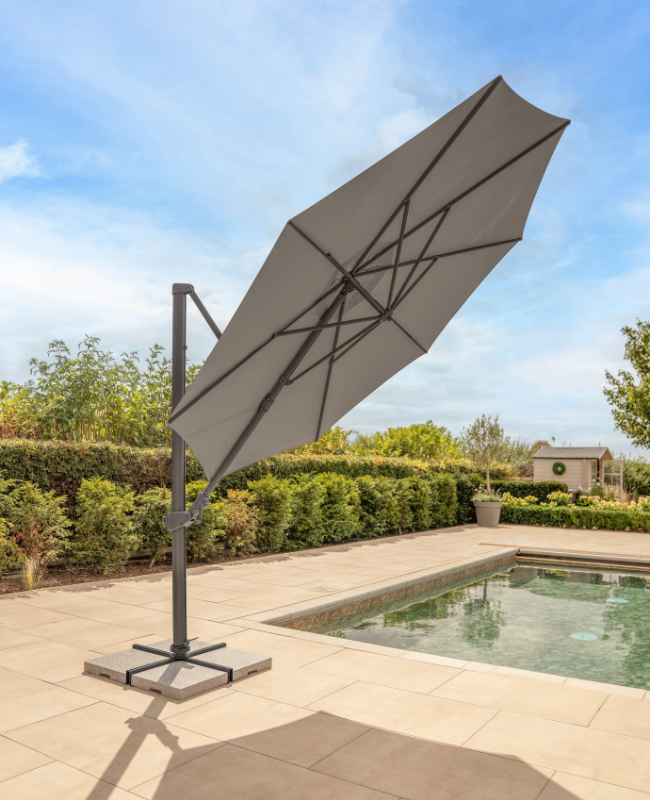cantilever patio umbrella uk Orion 3m Round LED Cantilever Parasol with Granite Base & Night Cover