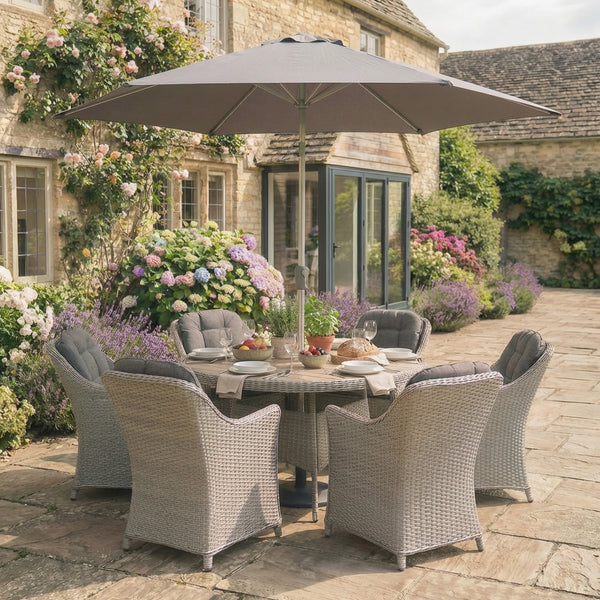 Foxley 6 Seat Dining Set with 140cm Round Table including parasol and base