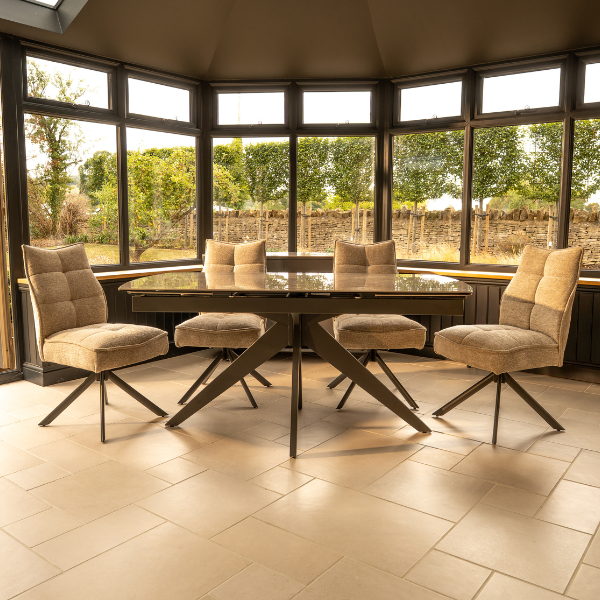 Lorenzo 4 Seat Dining Set with Ceramic Glass Extendable Table with Auto Swivel Chairs