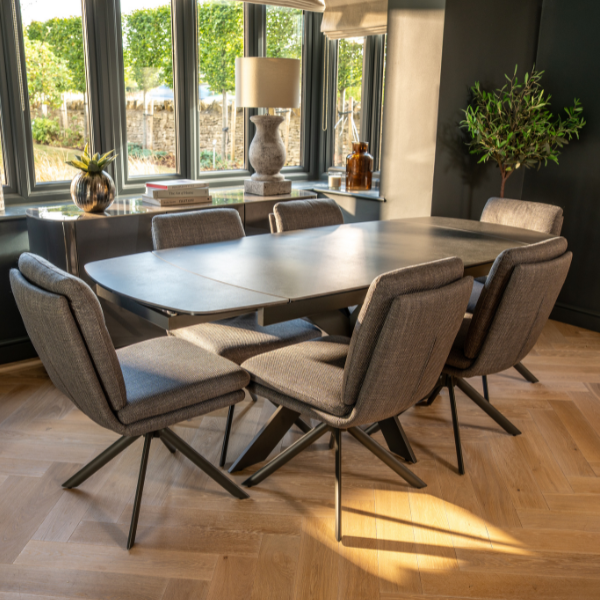 Vermont 6 Seat Dining Set with Extendable Heat Resistant table and 6 Auto swivel dining chairs