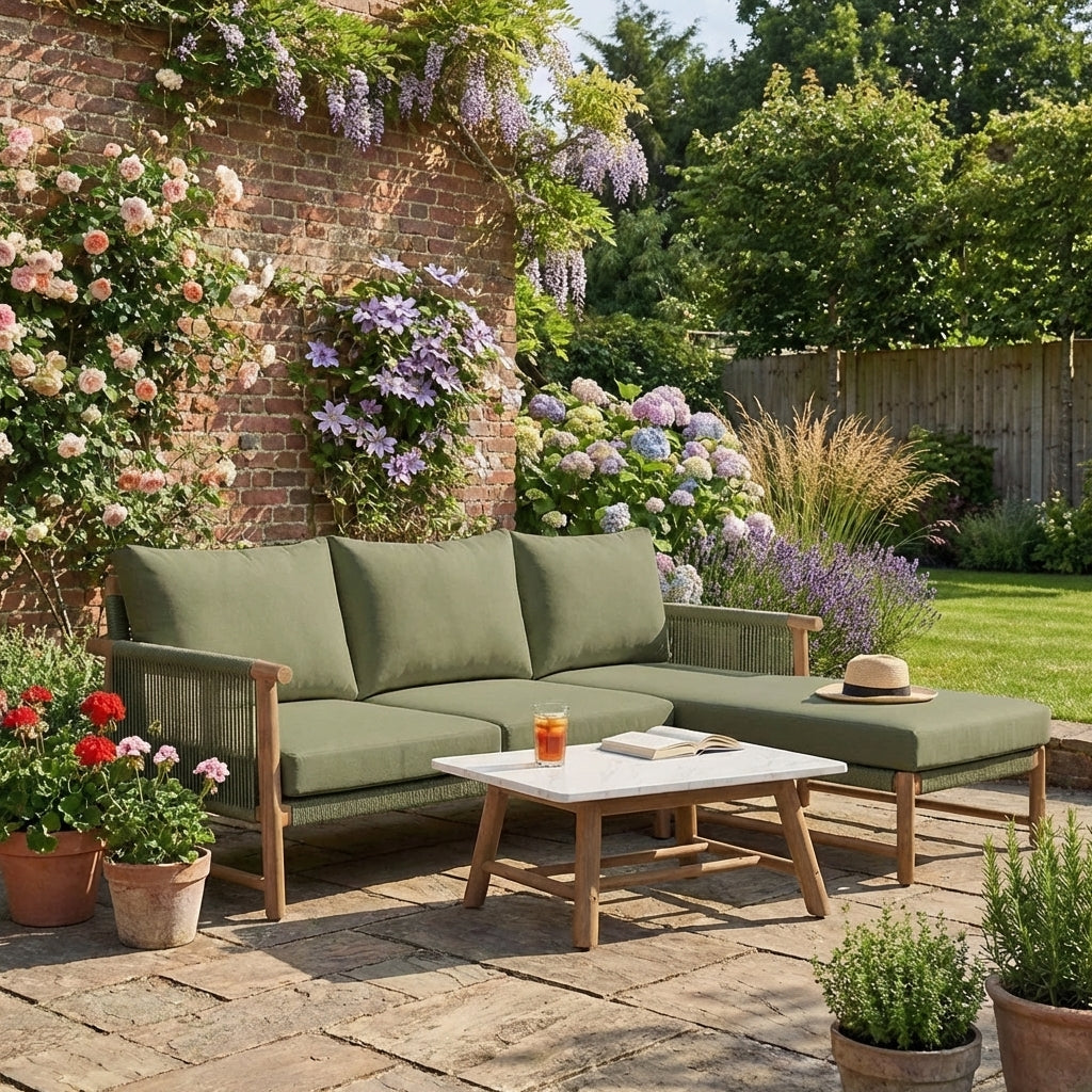 Forest Acacia Wood Sofa Chaise with Stone Composite Tabletop