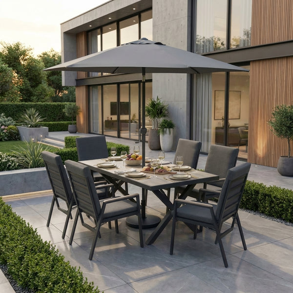 Tudor 6 Seat Reclining Dining Set with Parasol & Base