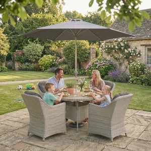 Foxley 4 Seat Dining Set with 120cm Round Table including Parasol and Base
