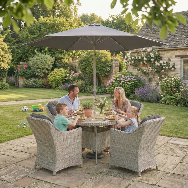 Foxley 4 Seat Dining Set with 120cm Round Table including Parasol and Base