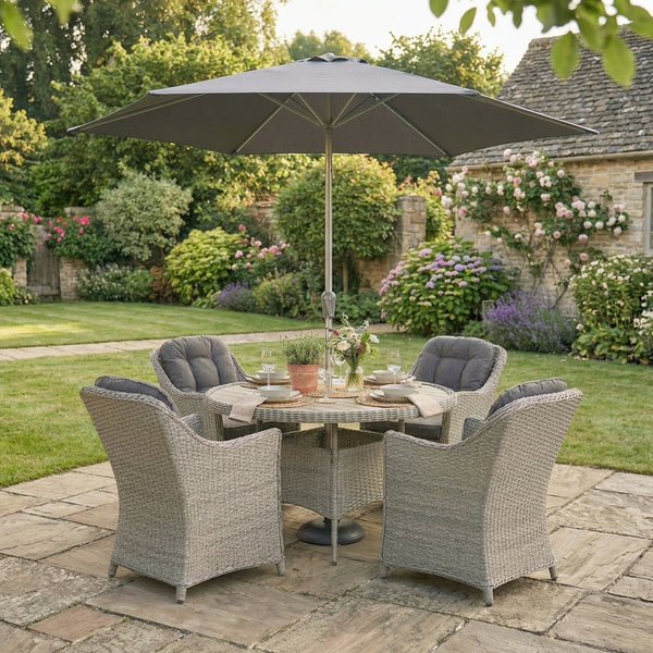 Foxley 4 Seat Dining Set with 120cm Round Table including Parasol and Base