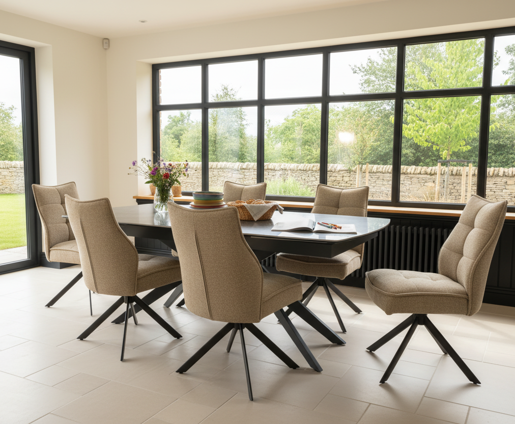 Lorenzo 6 Seat Dining Set with ceramic high gloss table top & pocket sprung auto swivel dining chairs