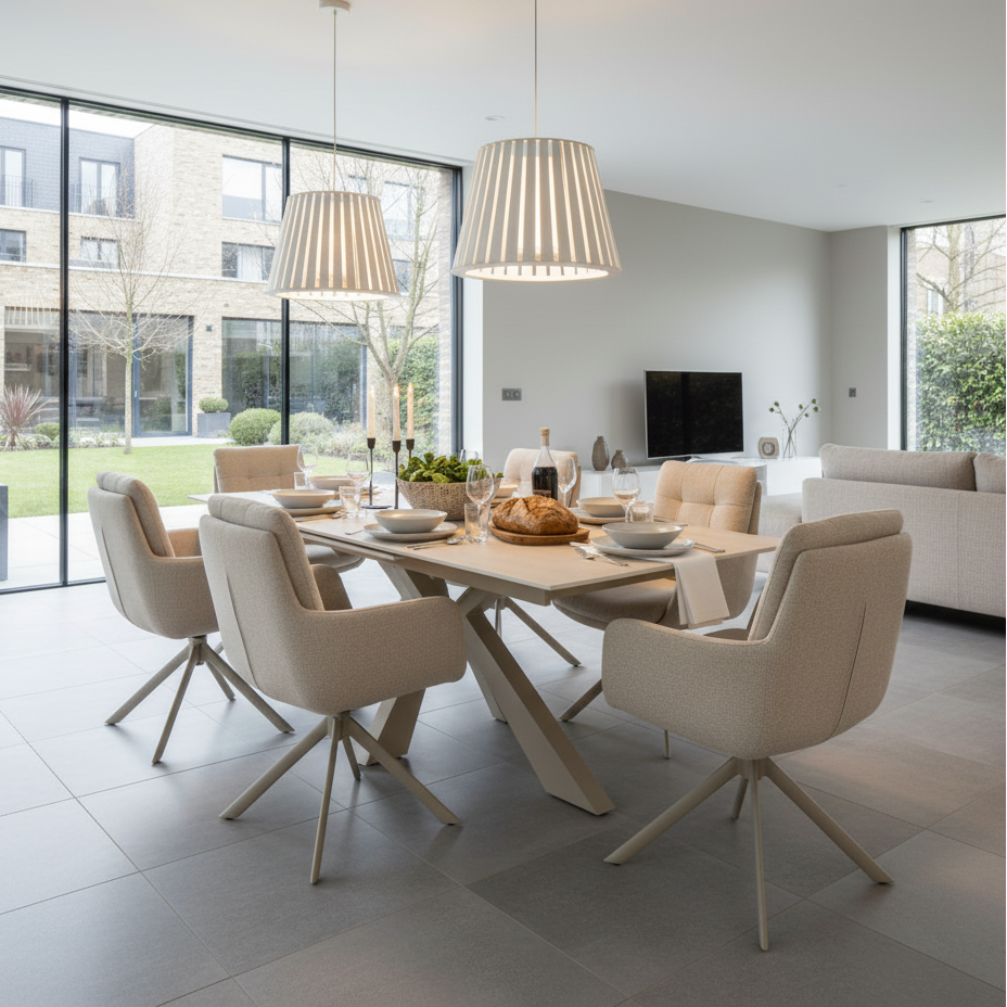 Oslo 6 Seat Indoor Dining Set with ceramic extendable table and 6 auto swivel dining chairs