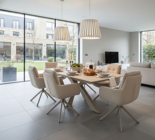 Oslo 6 Seat Indoor Dining Set with ceramic extendable table and 6 auto swivel dining chairs