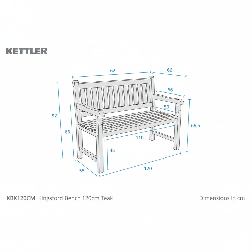 A dimension diagram of a Kettler Kingsford bench in teak, showing front, side, and top views with measurements in centimeters on a white background.