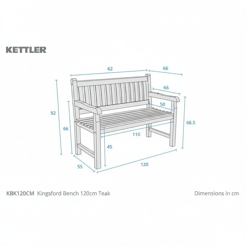 A dimension diagram of a Kettler Kingsford bench in teak, showing front, side, and top views with measurements in centimeters on a white background.