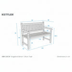 A dimension diagram of a Kettler Kingsford bench in teak, showing front, side, and top views with measurements in centimeters on a white background.