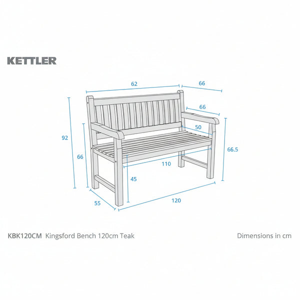 A dimension diagram of a Kettler Kingsford bench in teak, showing front, side, and top views with measurements in centimeters on a white background.