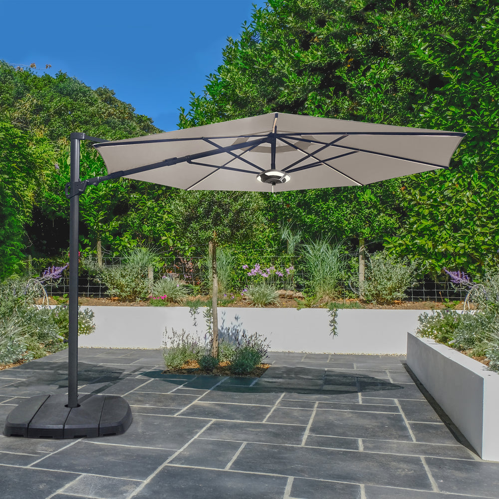 free standing patio umbrella uk 2.6 m Garden Parasol with Aluminium Pole, Outdoor Umbre weather performance Rotational or Fixed Base Options Glamhaus Solar LED Garden Parasol