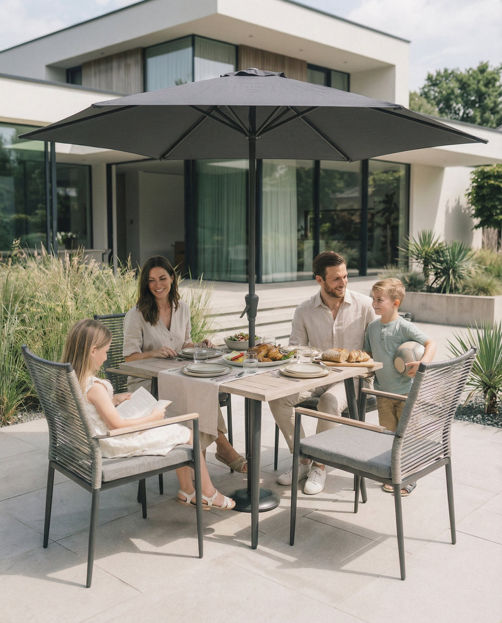 Merano Aluminium 4 Seat Dining Set With a Parasol & Base