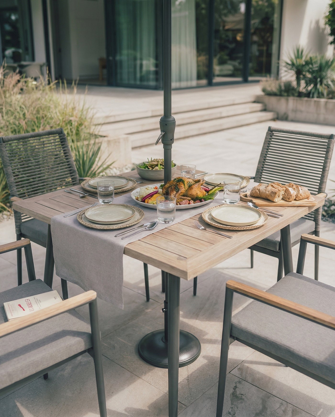 Merano Aluminium 4 Seat Dining Set With a Parasol & Base